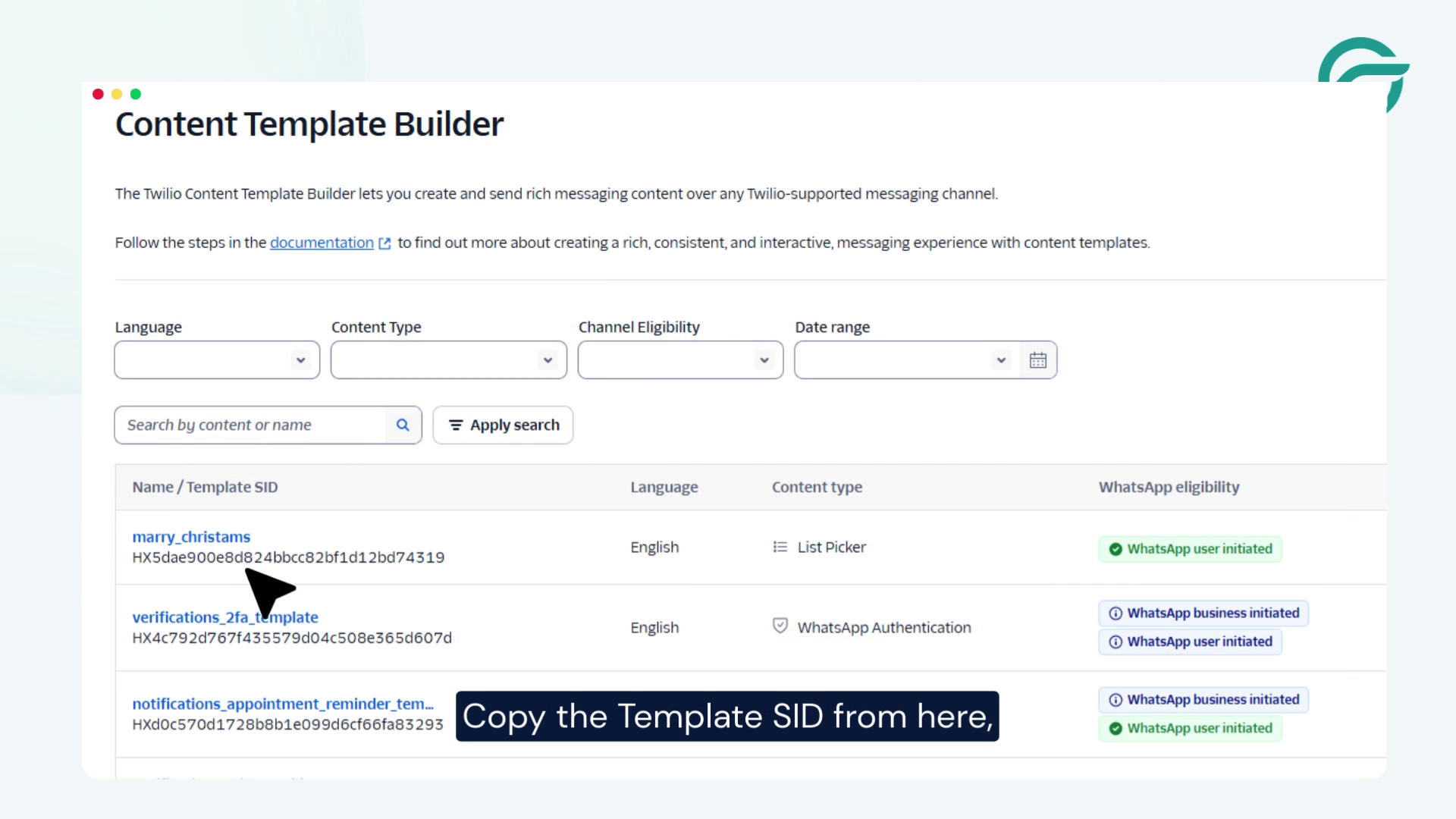Add the ContentSid (Template ID)