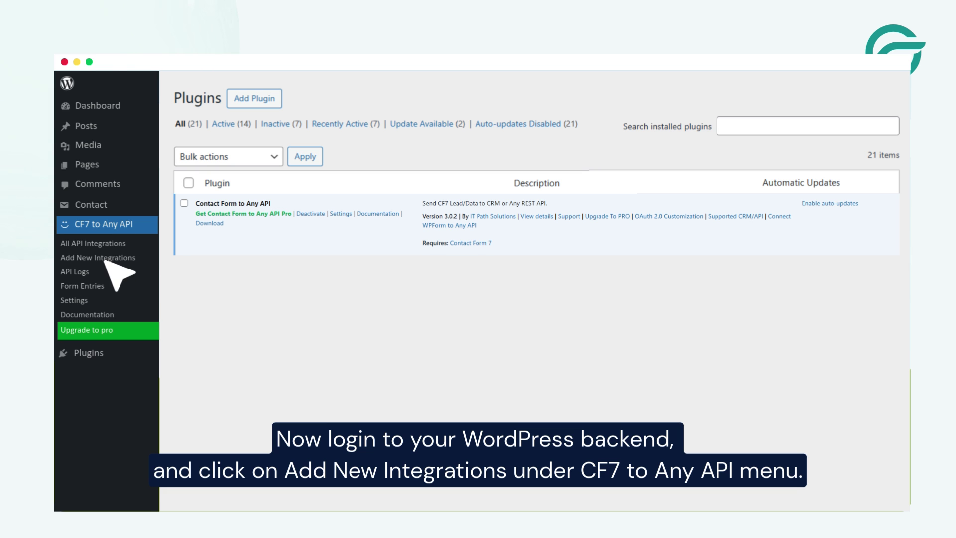 Log in to WordPress and Create a New Integration