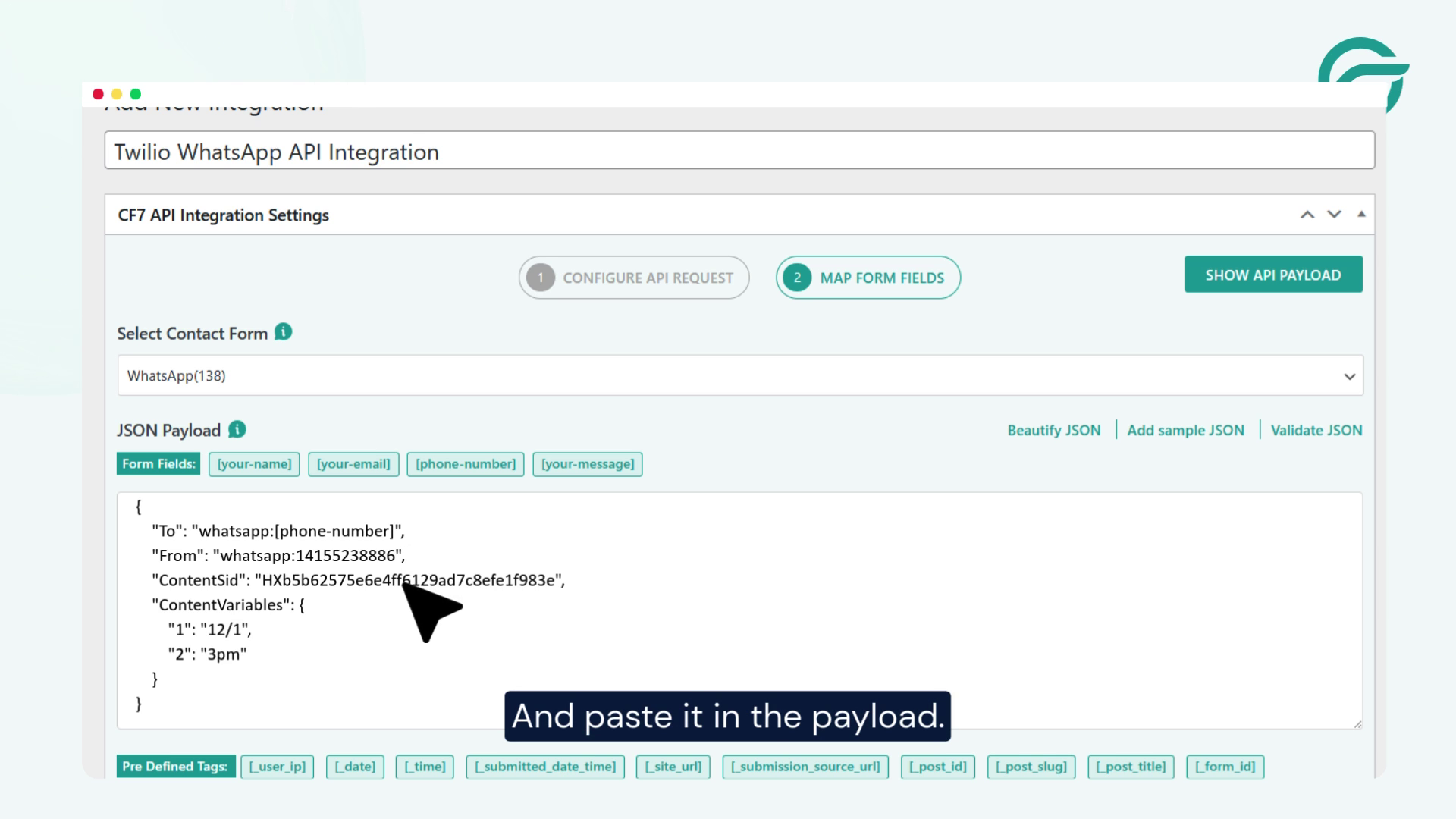 Paste it into the JSON payload.