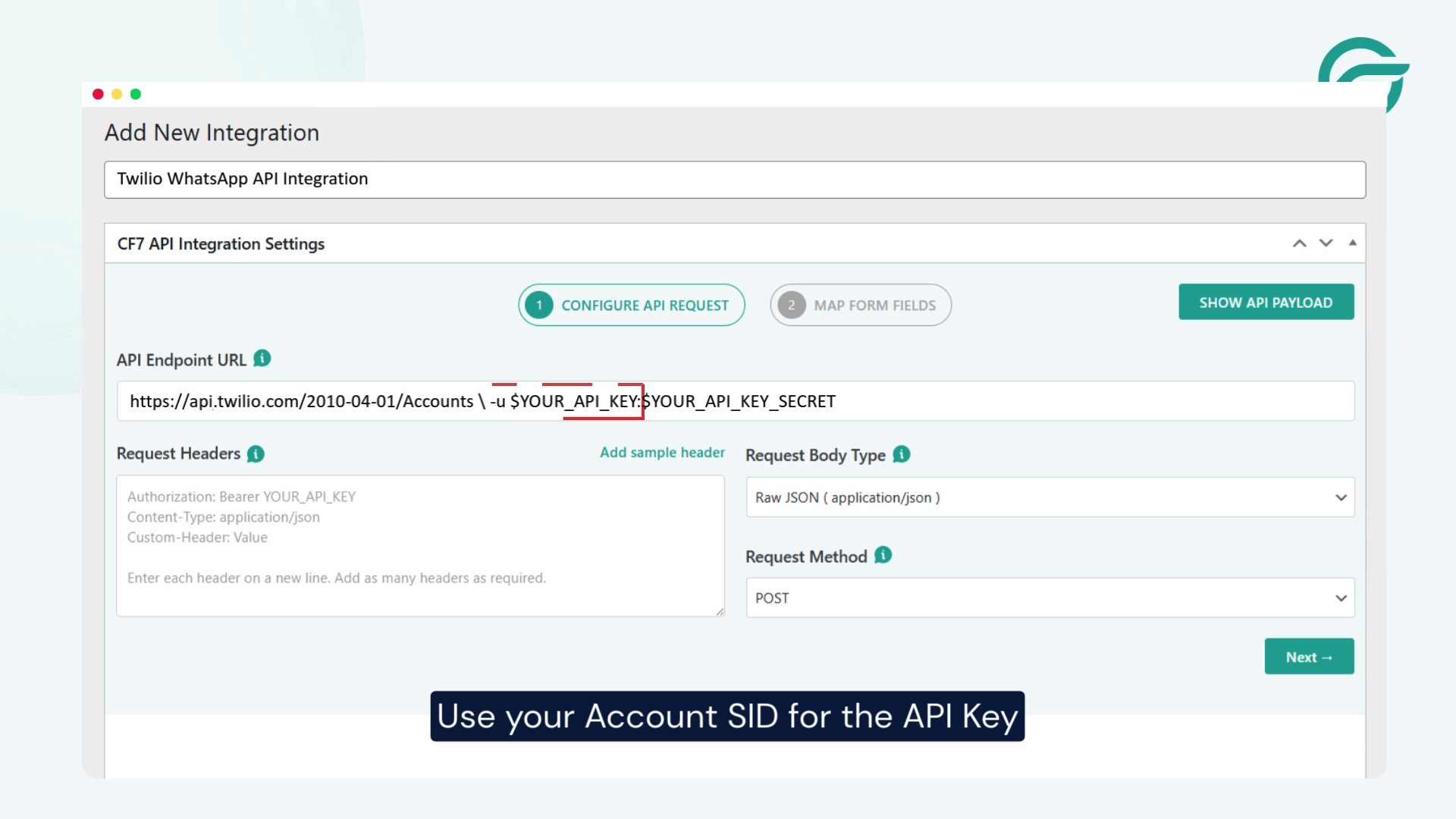 Use your Account SID as the API Key.