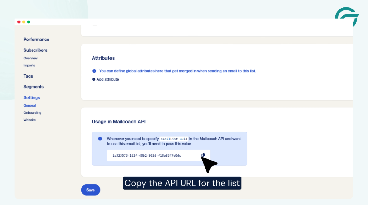 Copy the Mailcoach API URL
