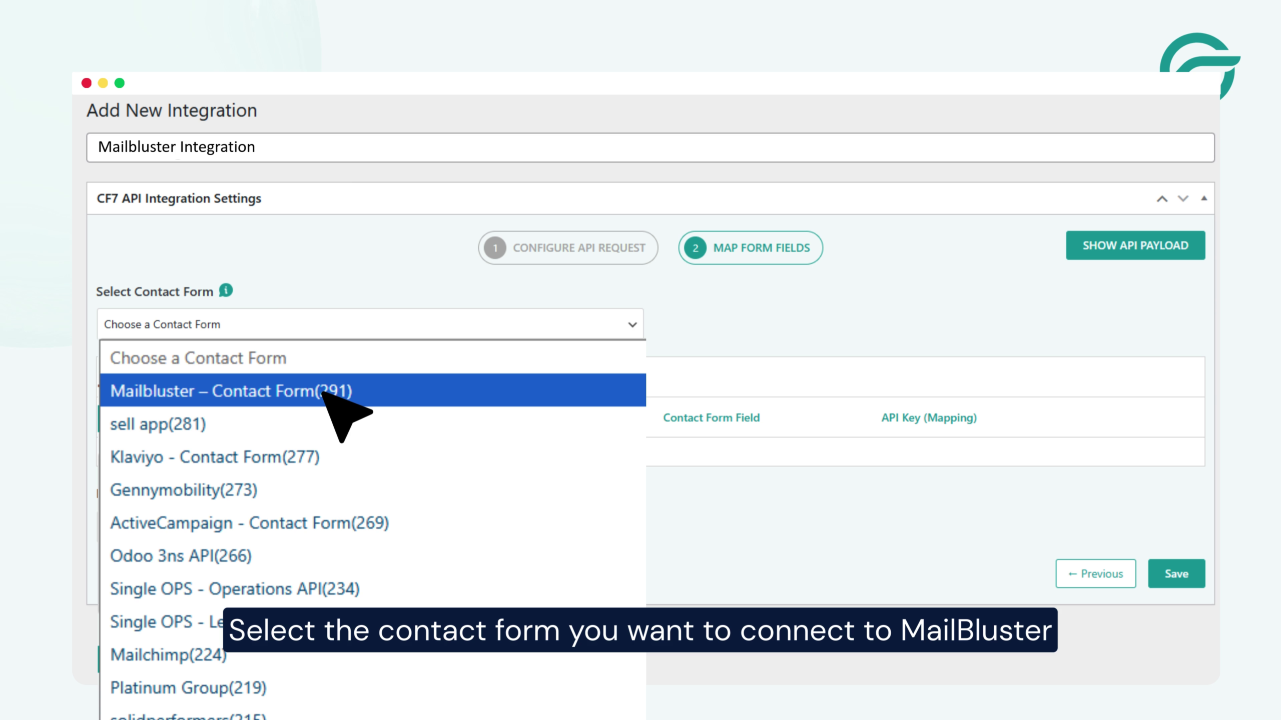 Choose the Contact Form 7 to connect with MailBluster.
