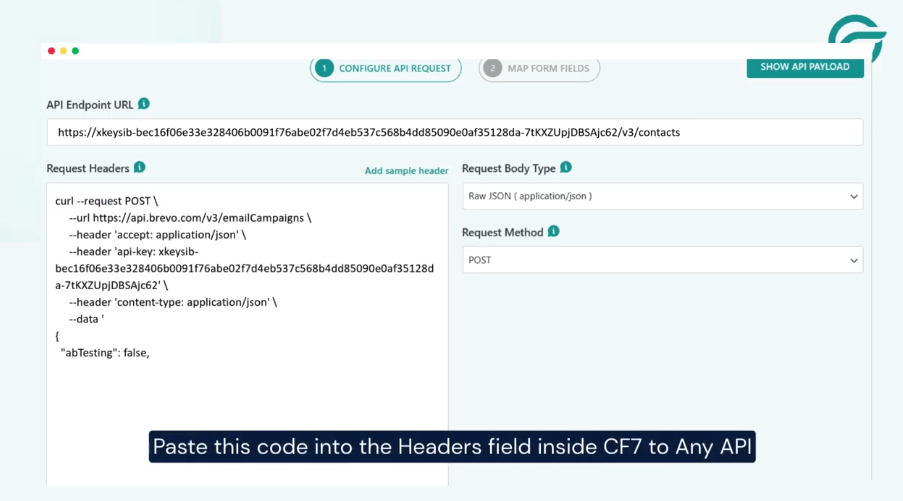 CF7 to Any API Headers field with Brevo authorization and Content-Type added