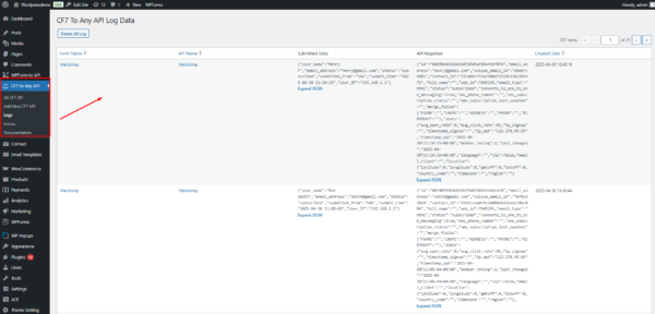 CF7 To Any API Log Data