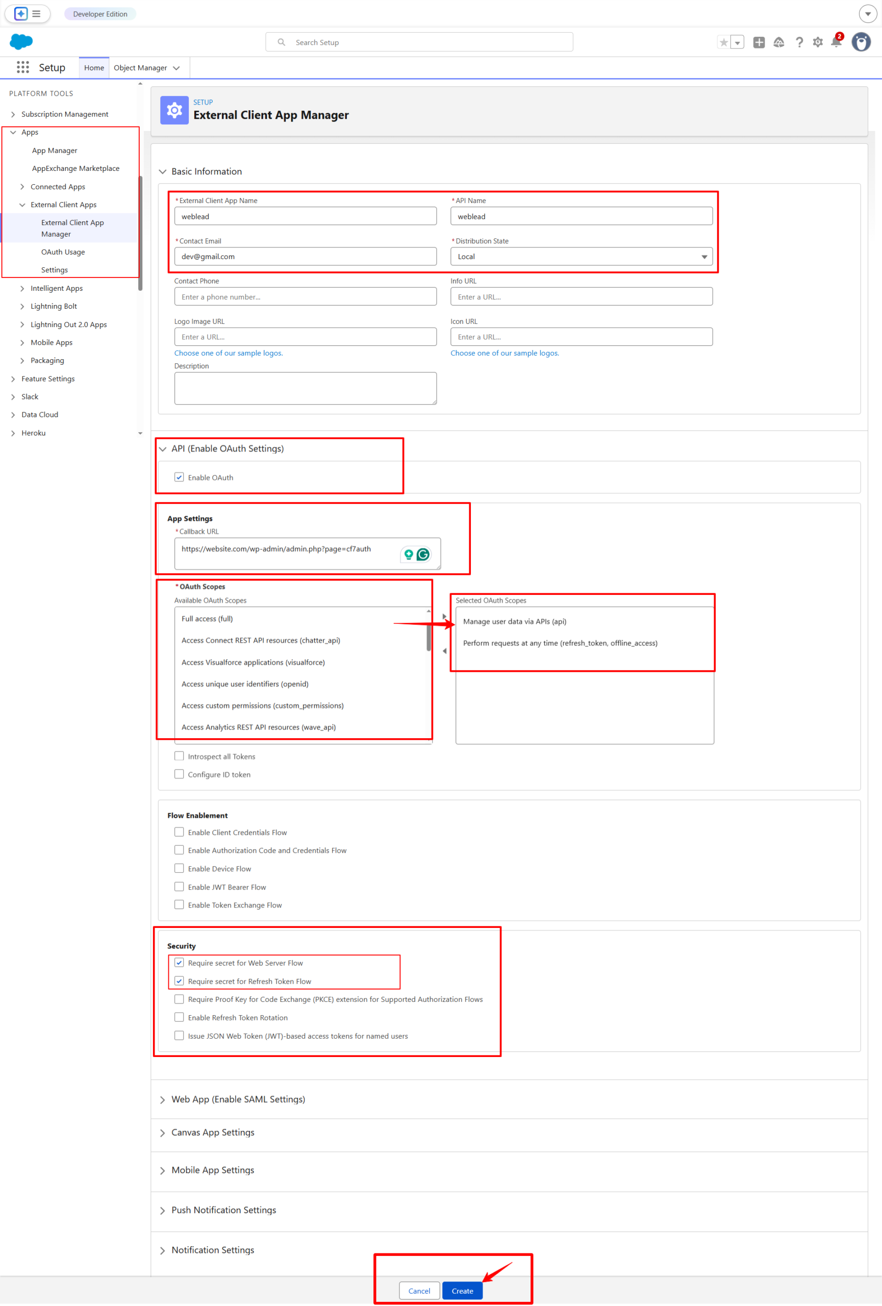 filling basic information in Salesforce Connected App including app name, email, OAuth settings, and scopes