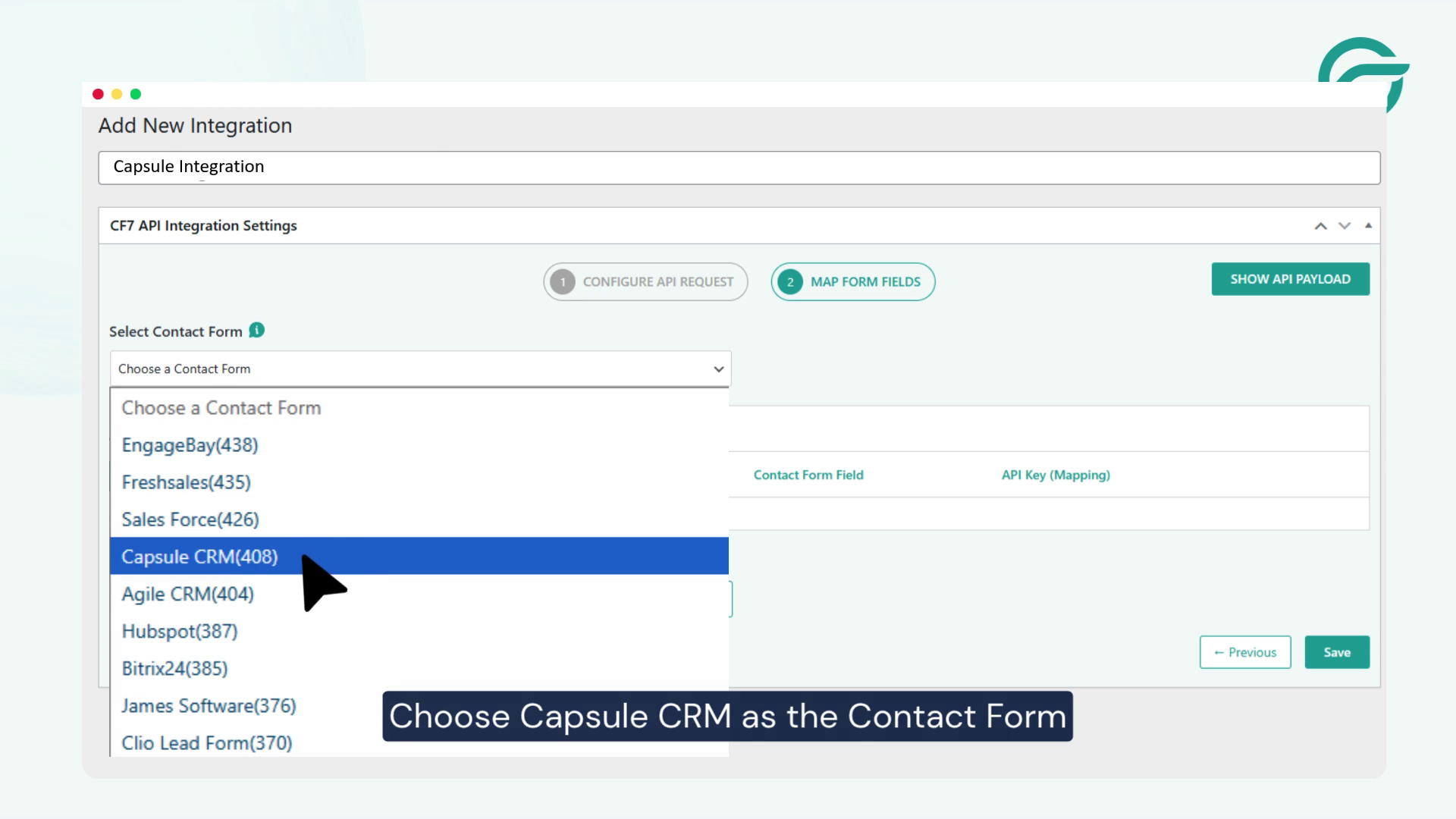 Choose the Contact Form 7 form you want to connect with Capsule CRM