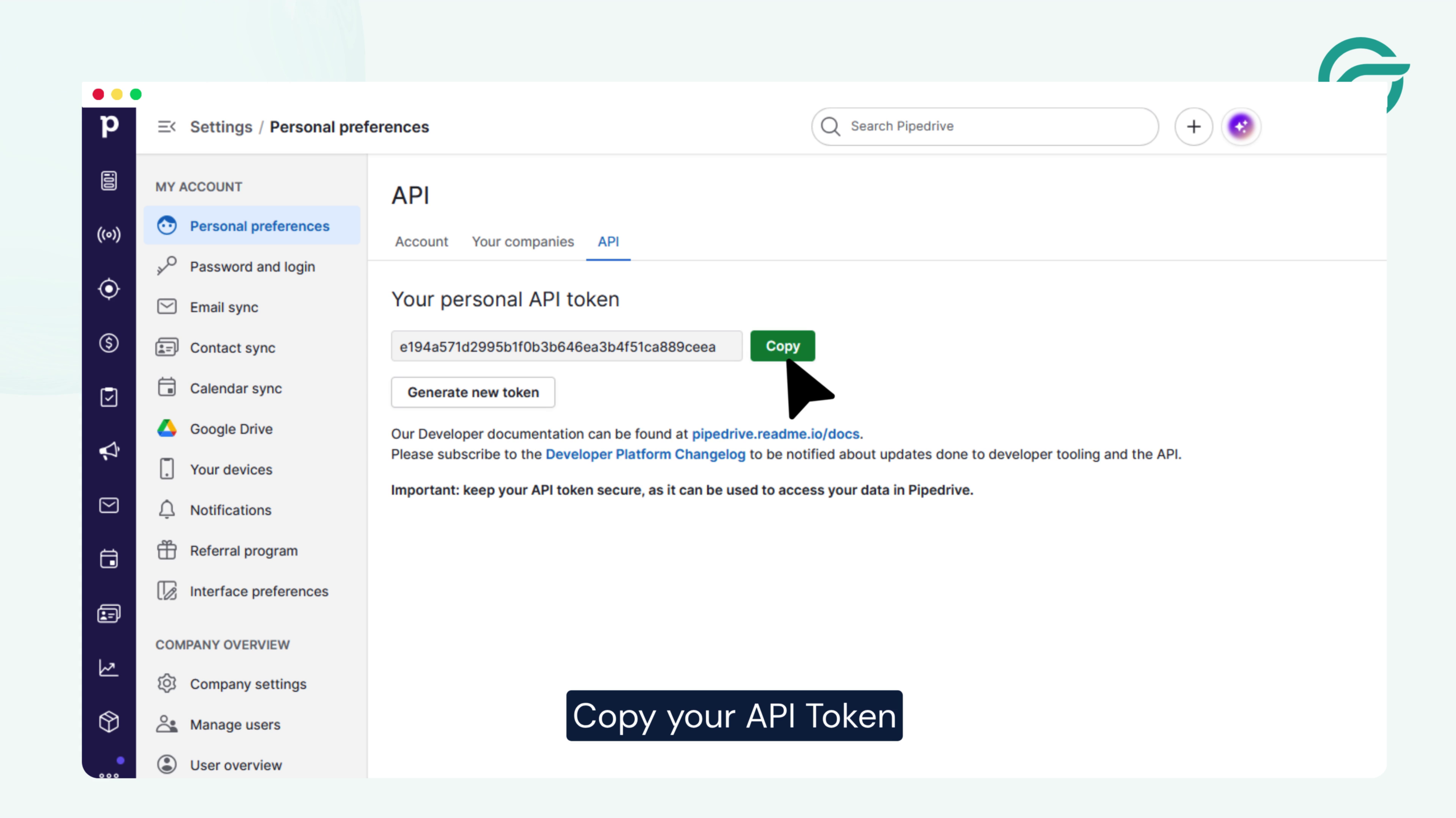 Copy your API Token