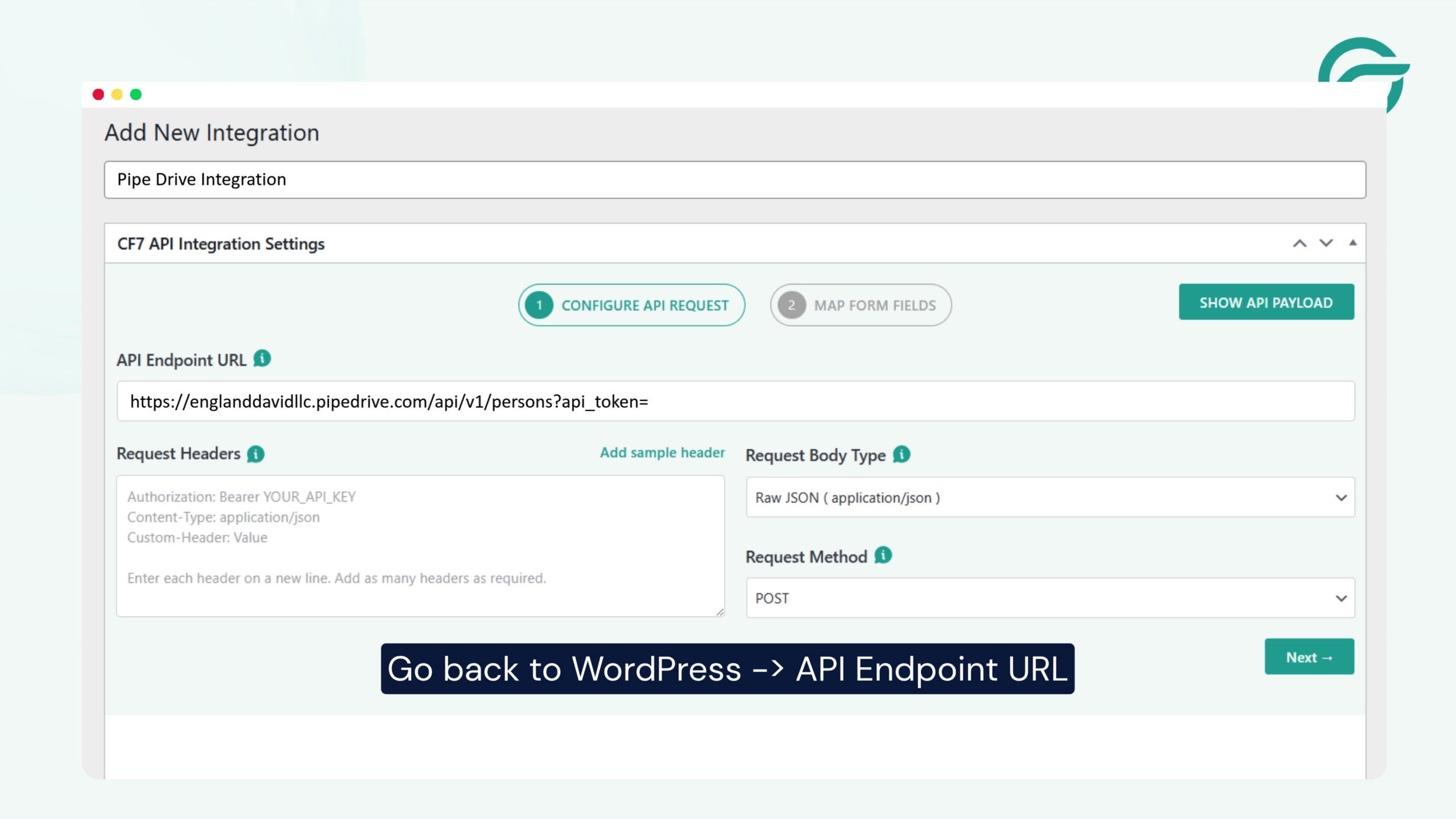 Paste the API Endpoint URL in WordPress