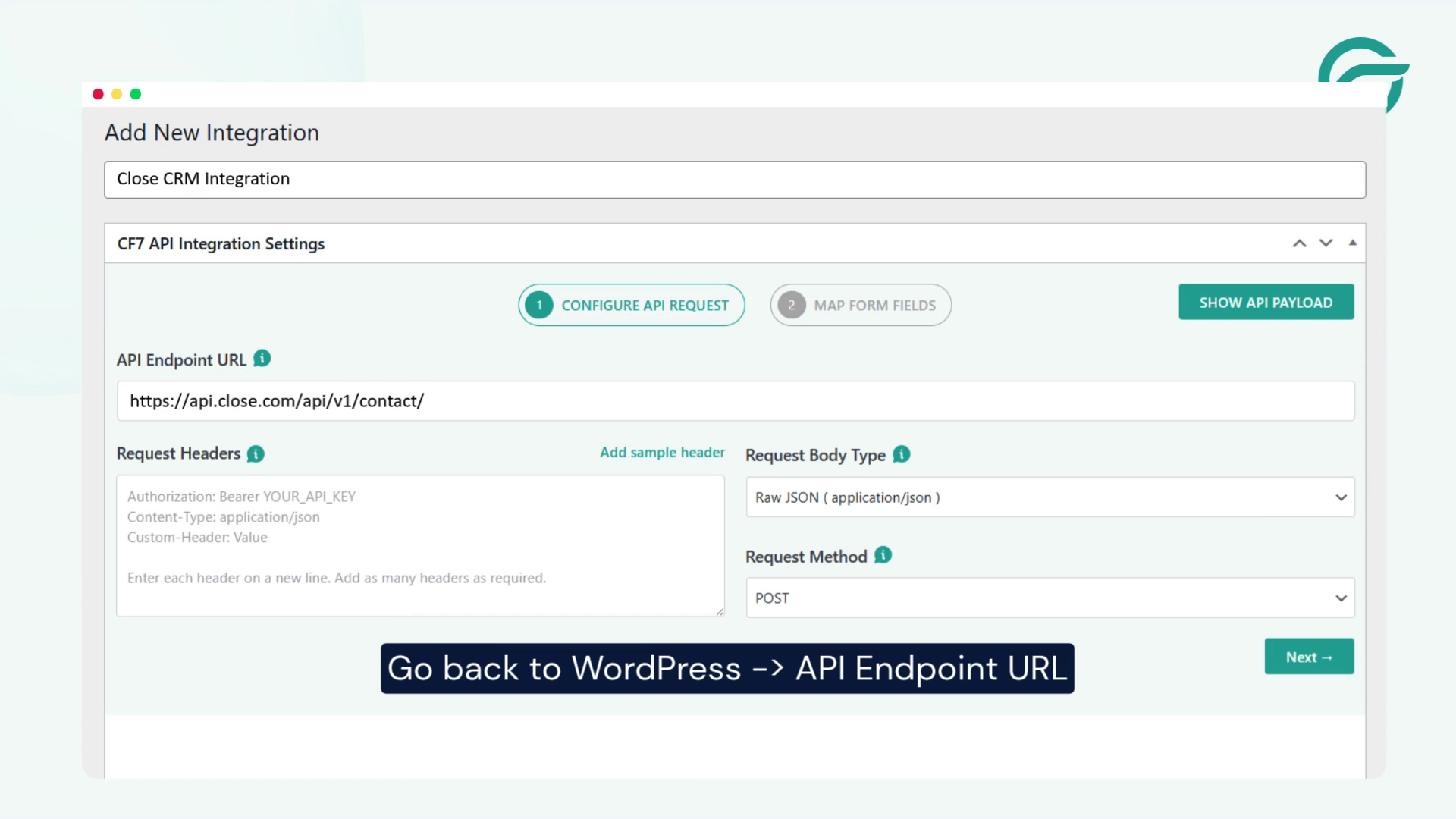 Go back to WordPress, API Endpoint URL