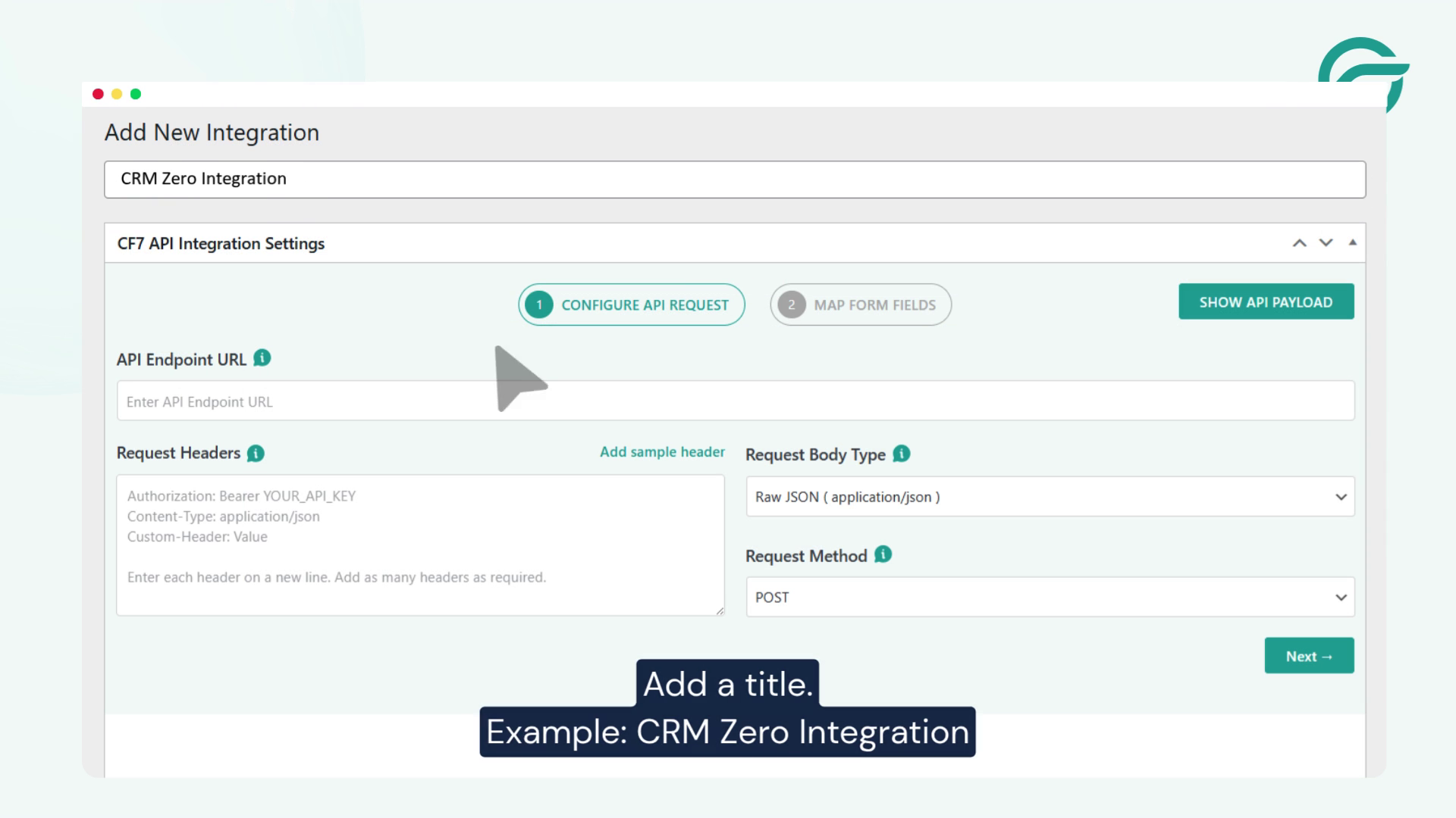 Add new integration title Example, CRM Zero Integration