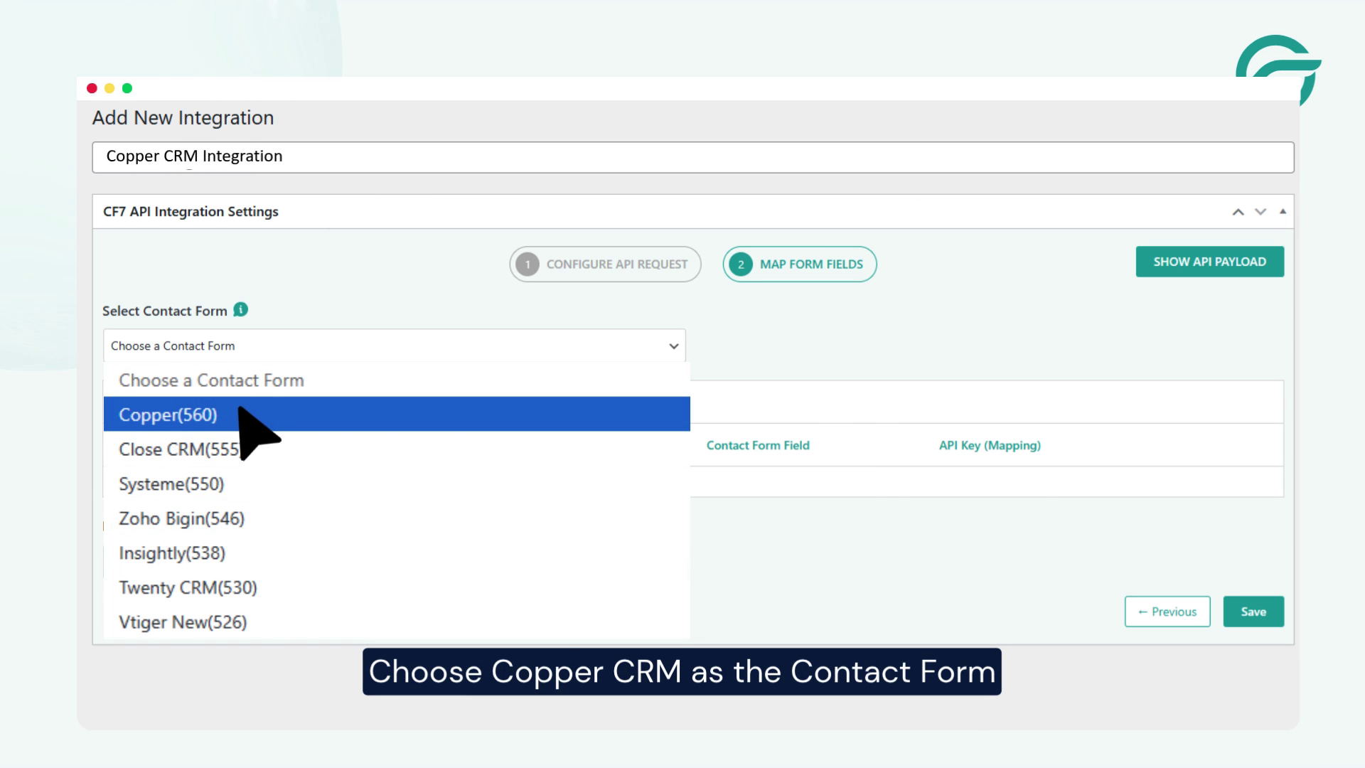 Choose Copper CRM as the Contact Form