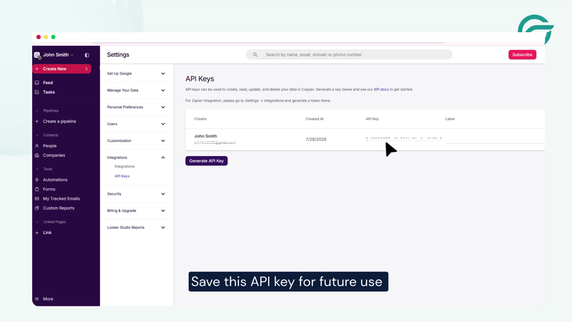 Generate new API Keys Save this API key for future use.