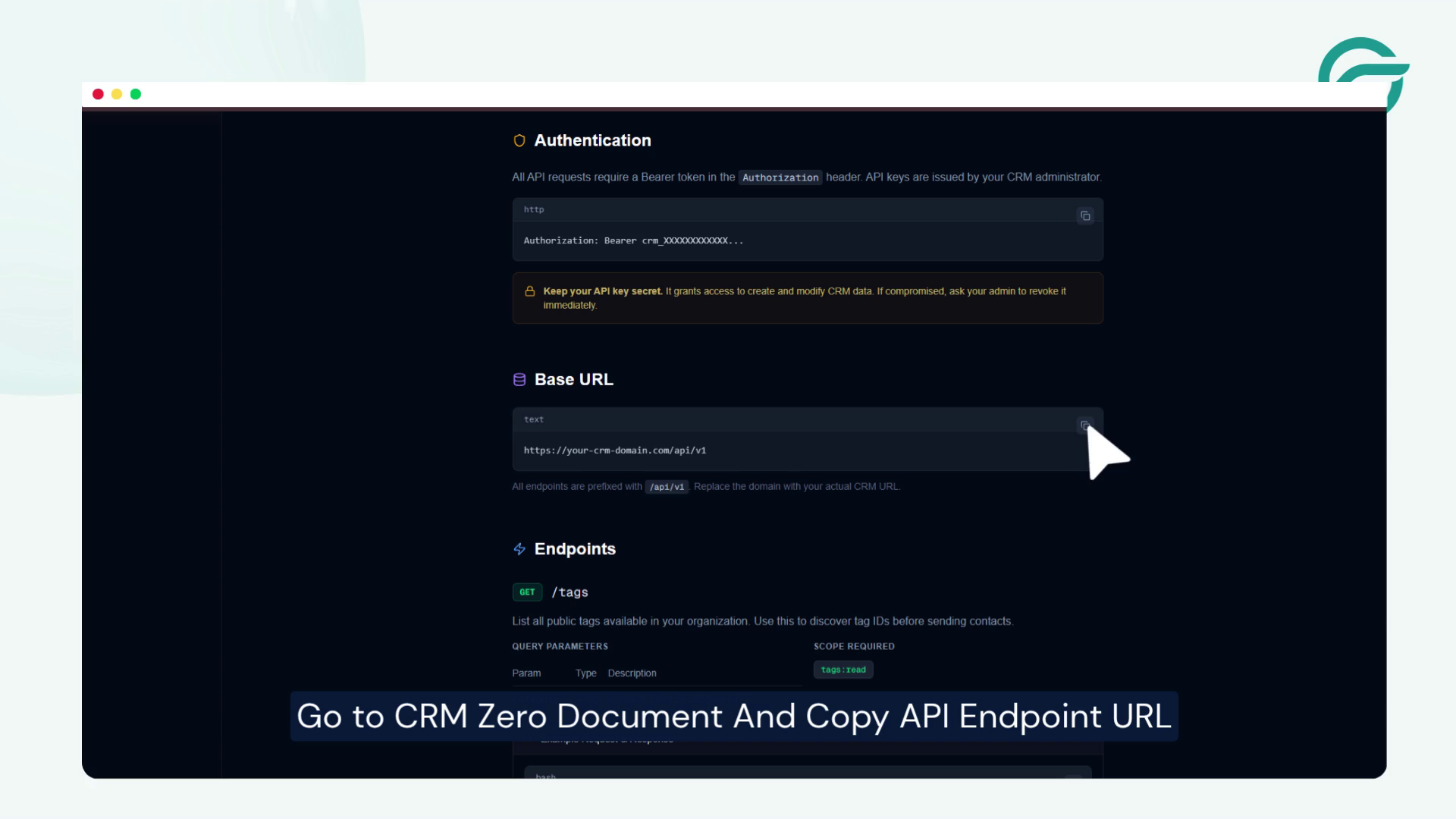 Go To CRM Zero Document And Copy API Endpoint URL