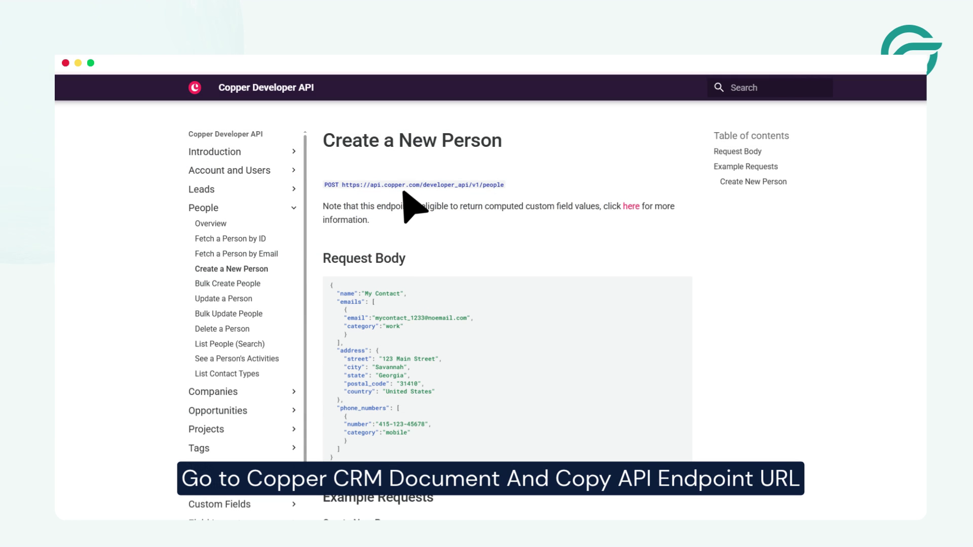 Go To Copper CRM Documnet And Copy API Endpoint URL