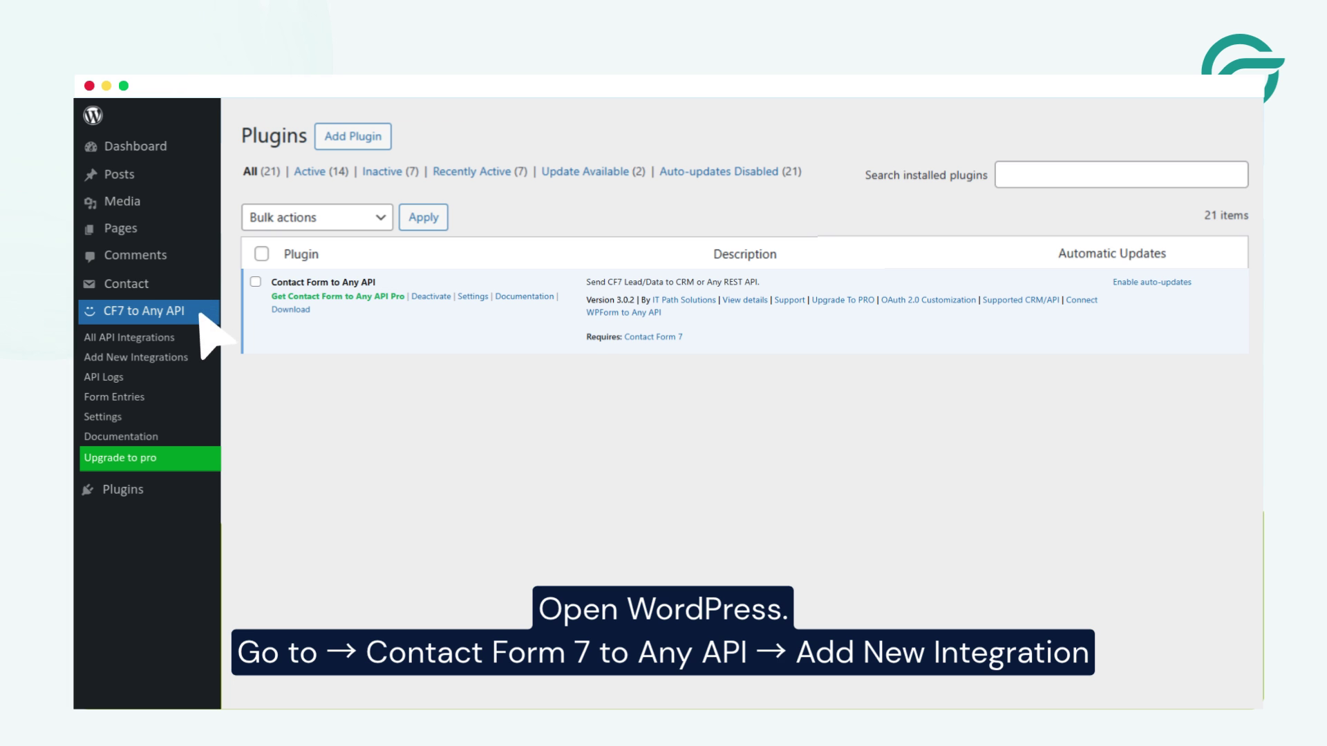 Go to, Contact Form to Any API, Add New Integration