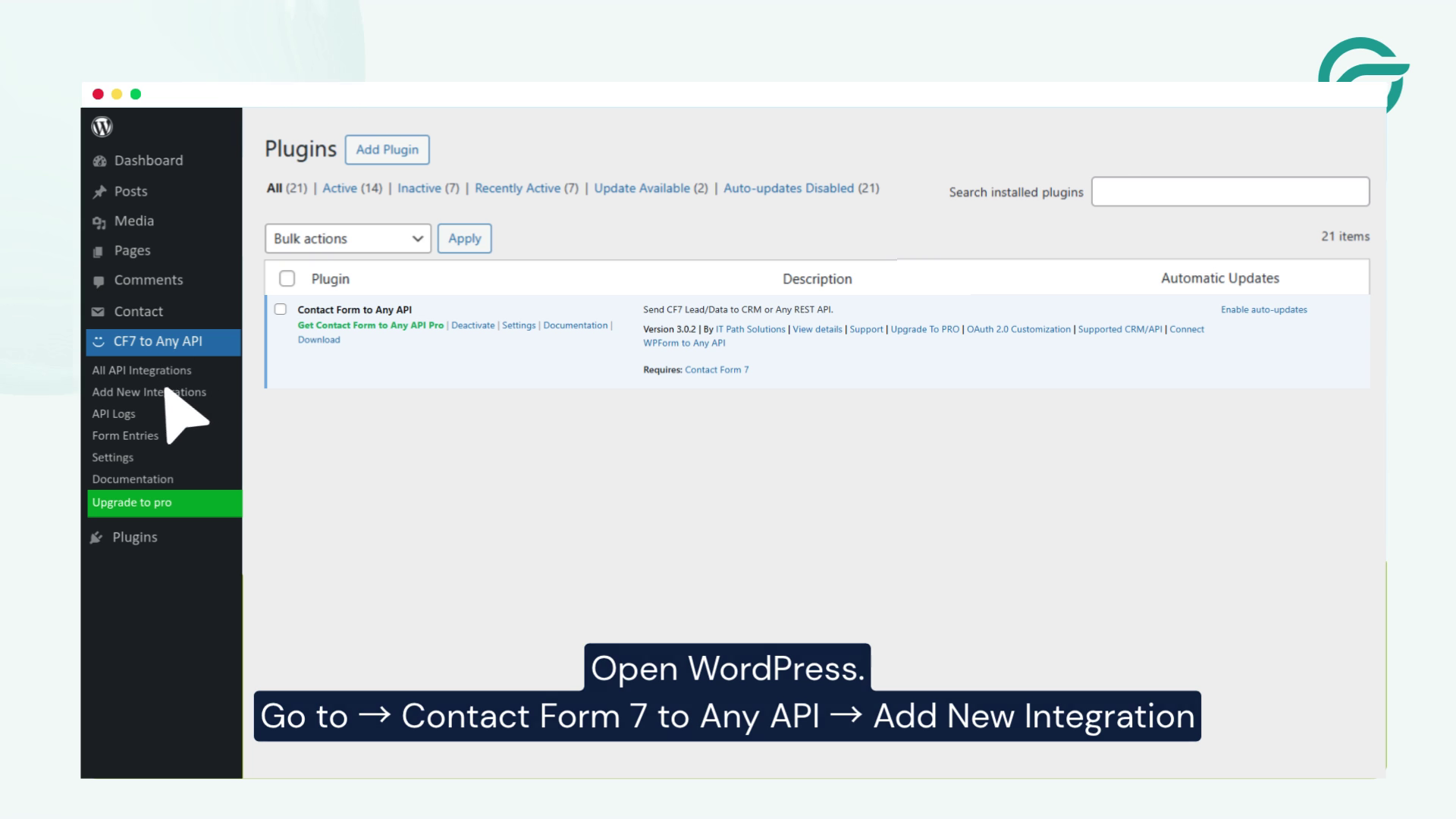 Go to Contact Form to Any API Add New Integration