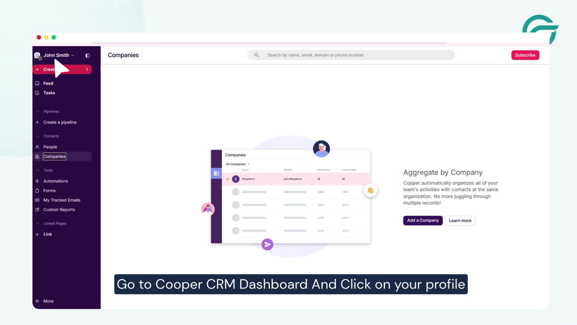 Go to Copper CRM Dashboard - Go to profile