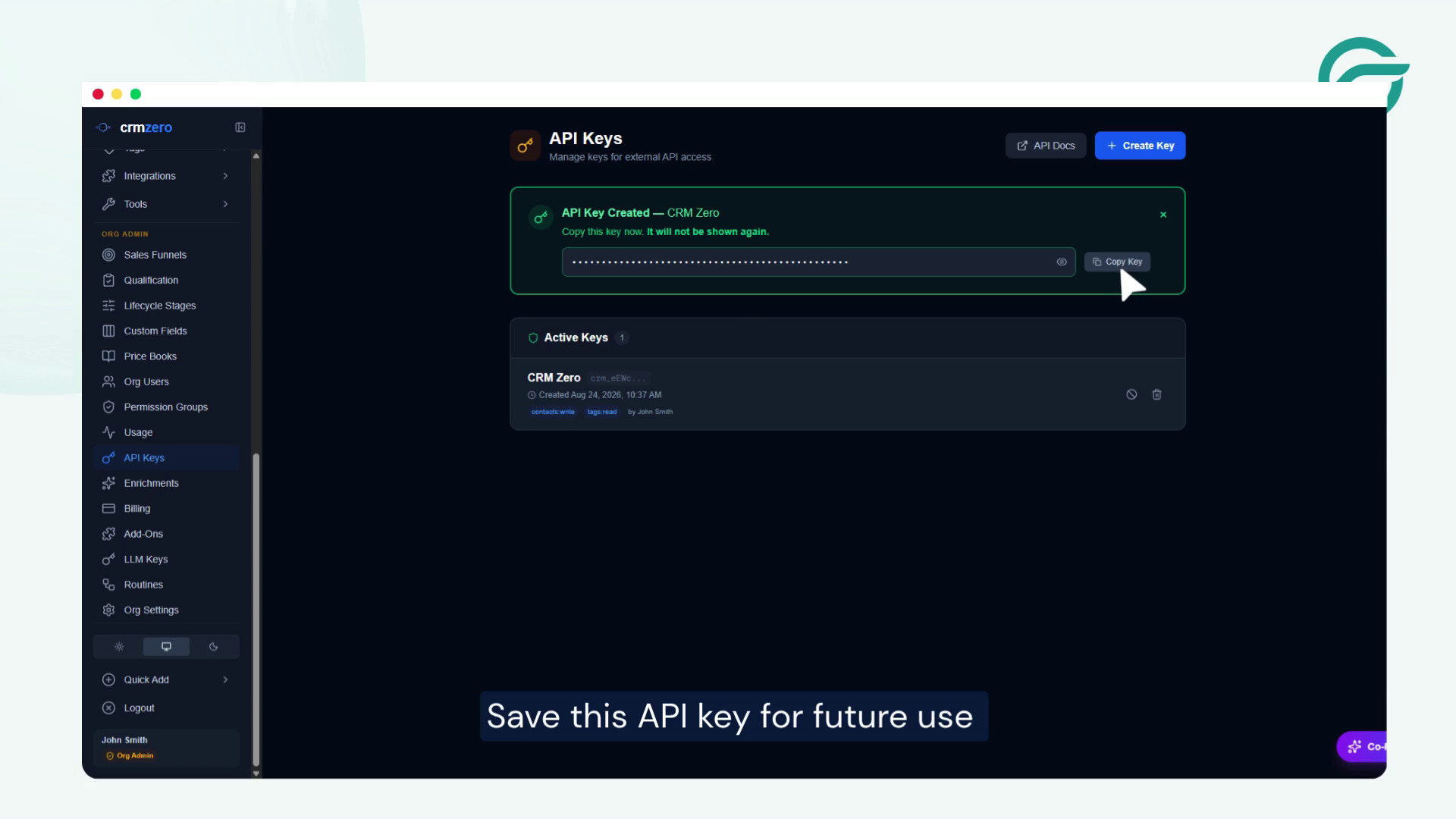 Save this API key for future use