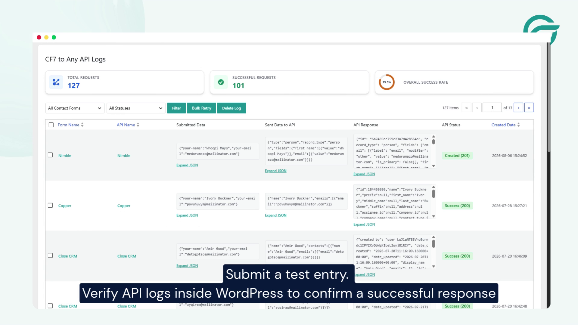 Submit a test entry. Verify API logs inside WordPress to confirm a successful response.