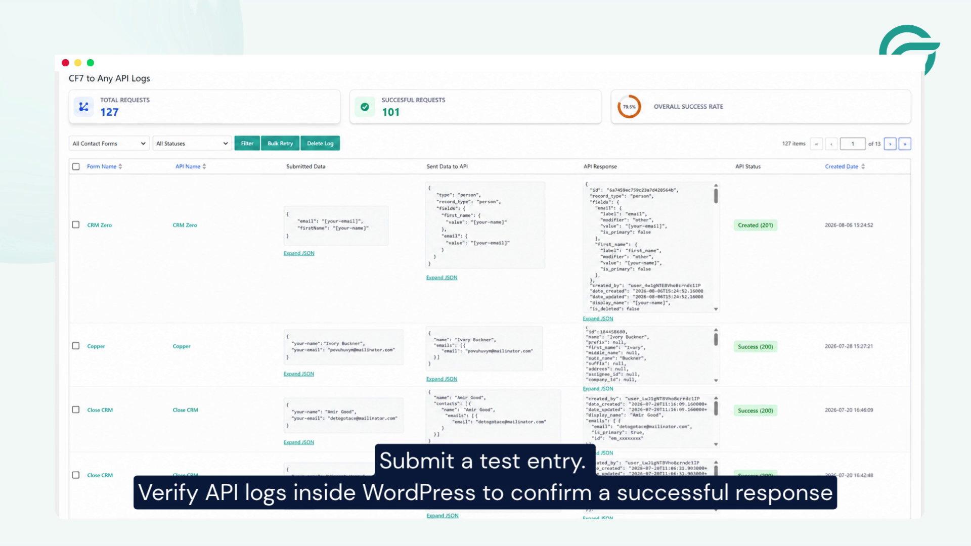 Submit a test entry. Verify API logs inside WordPress
