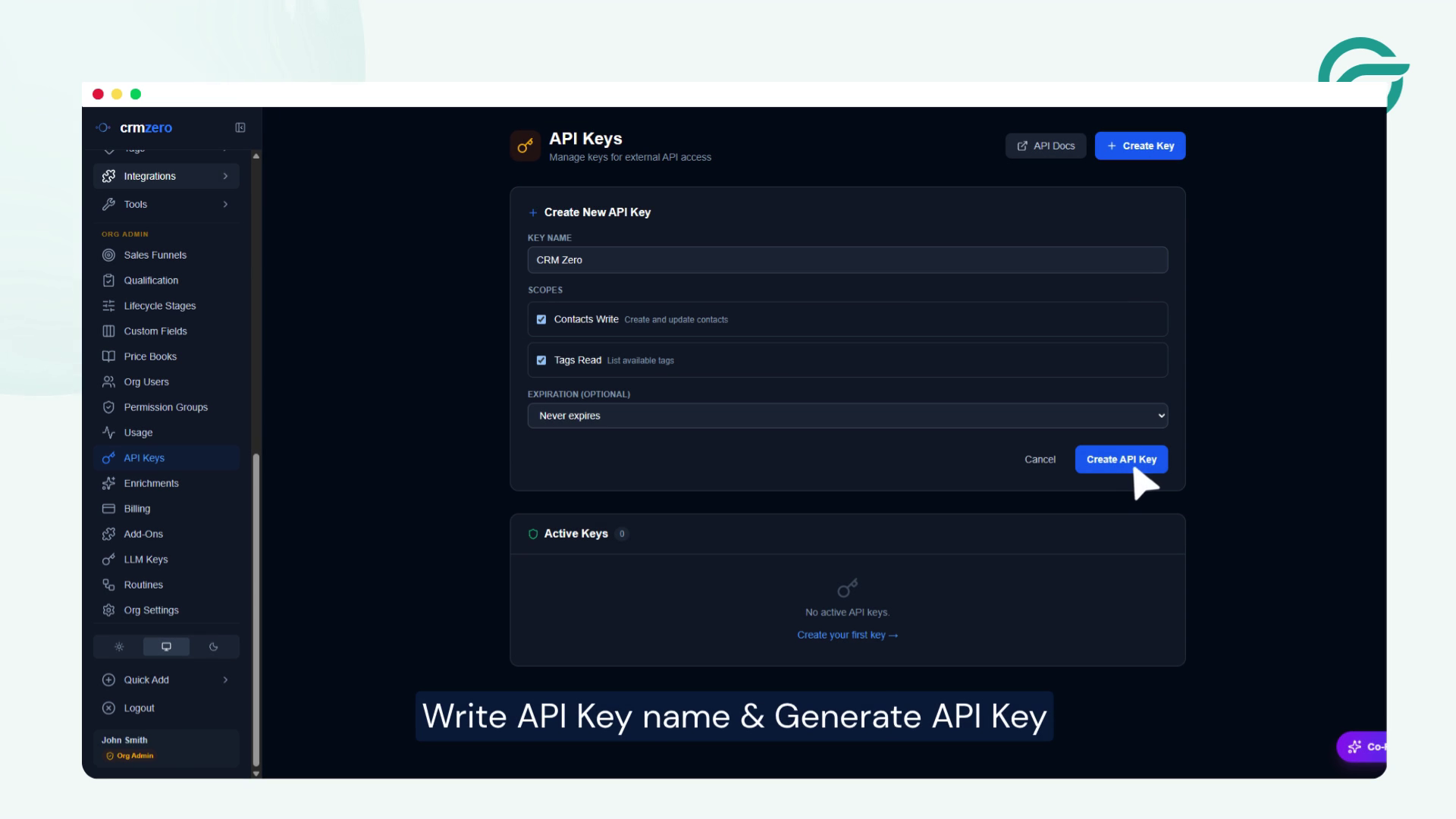 Write API Key name & Generate API key