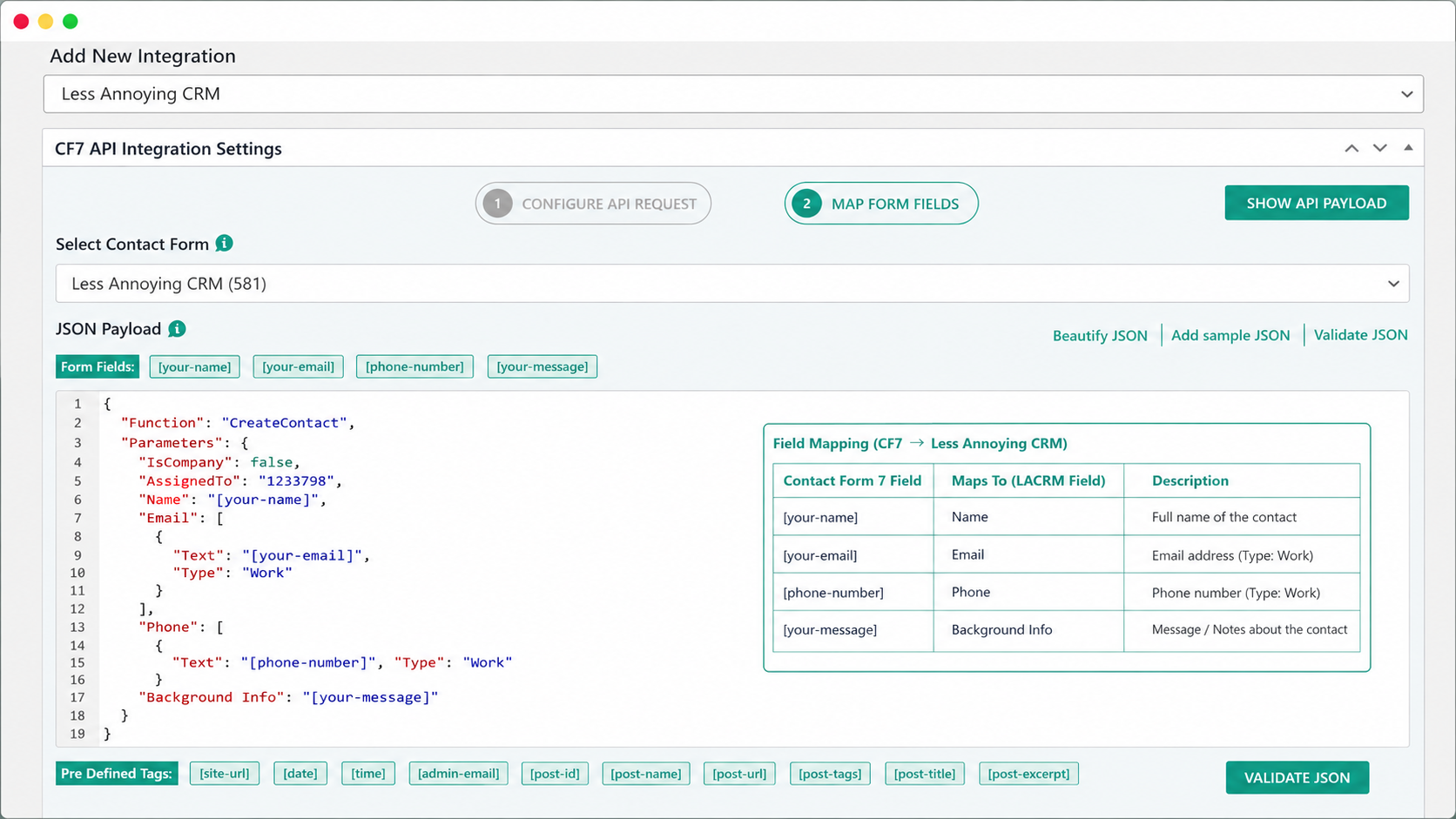 CF7 Less Annoying CRM Integration Settings