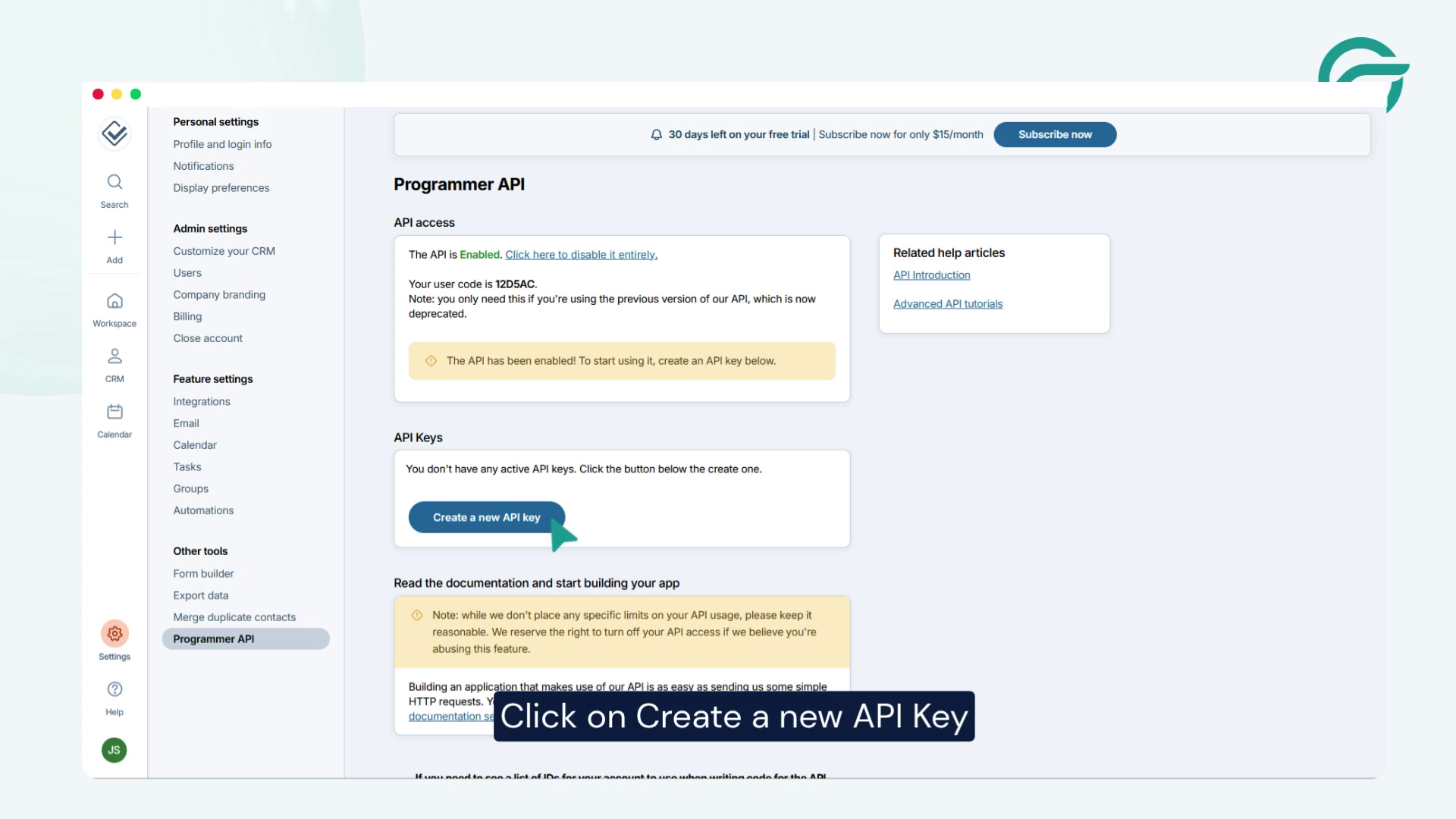Click on Create a new API Key