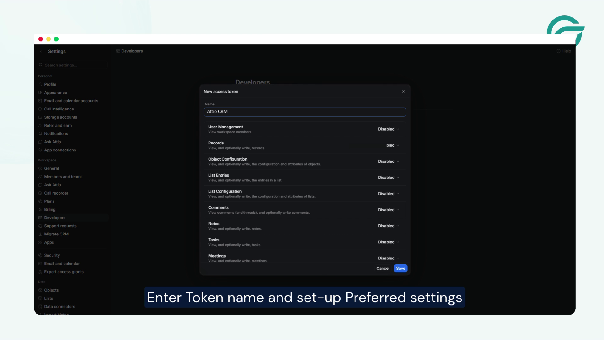 Enter Token name and set-up Preferred settings