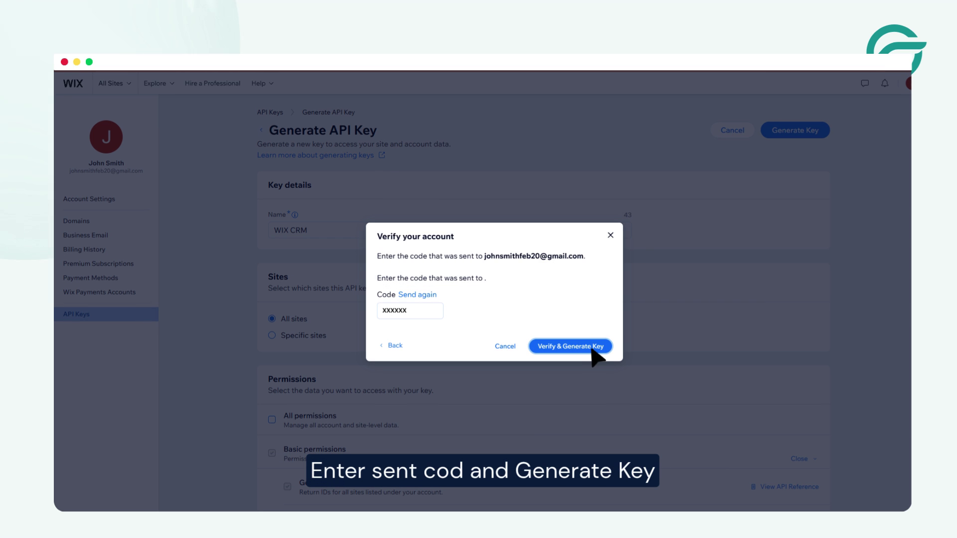Enter sent code and Generate Key