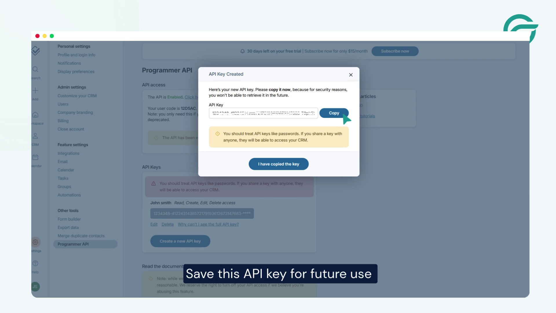 Save this API key for future use.