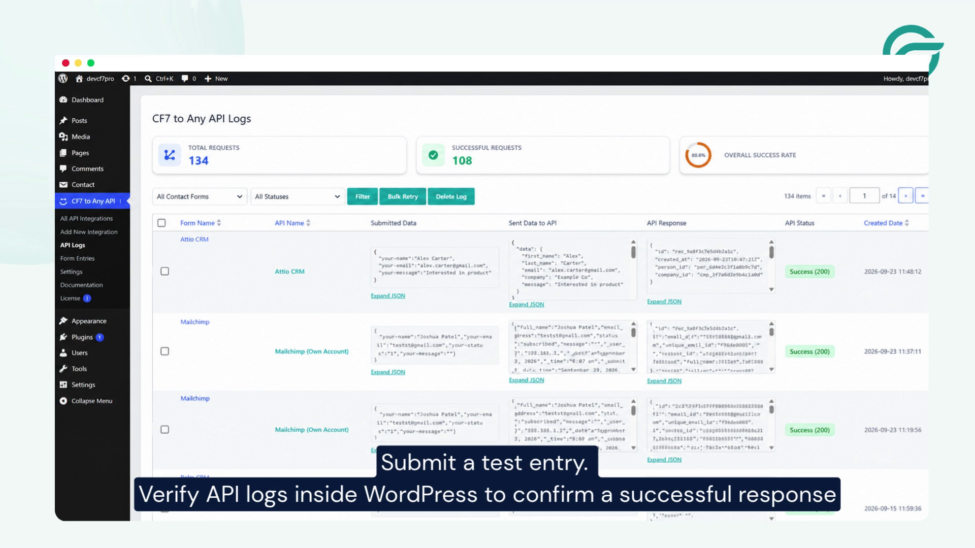 Submit a test entry. Verify API logs inside WordPress to confirm a successful response.
