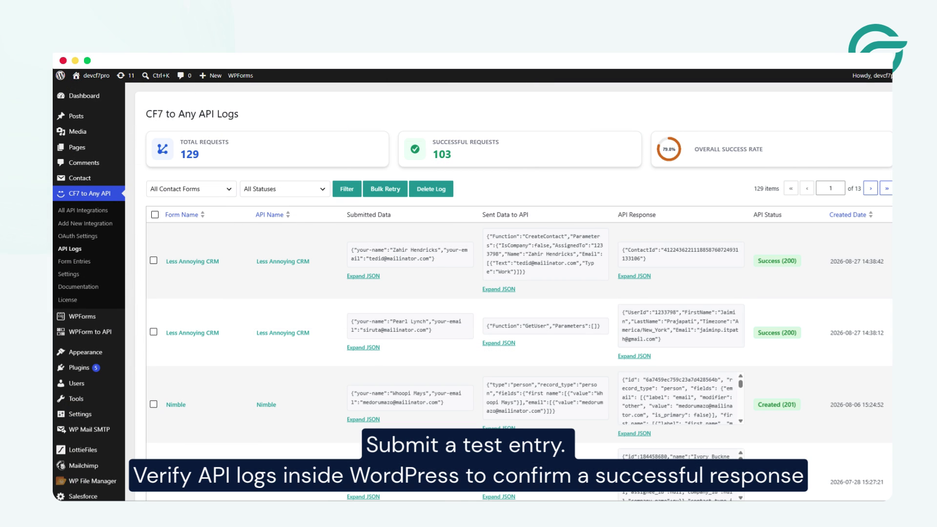 Submit a test entry. Verify API logs inside WordPress to confirm a successful response.