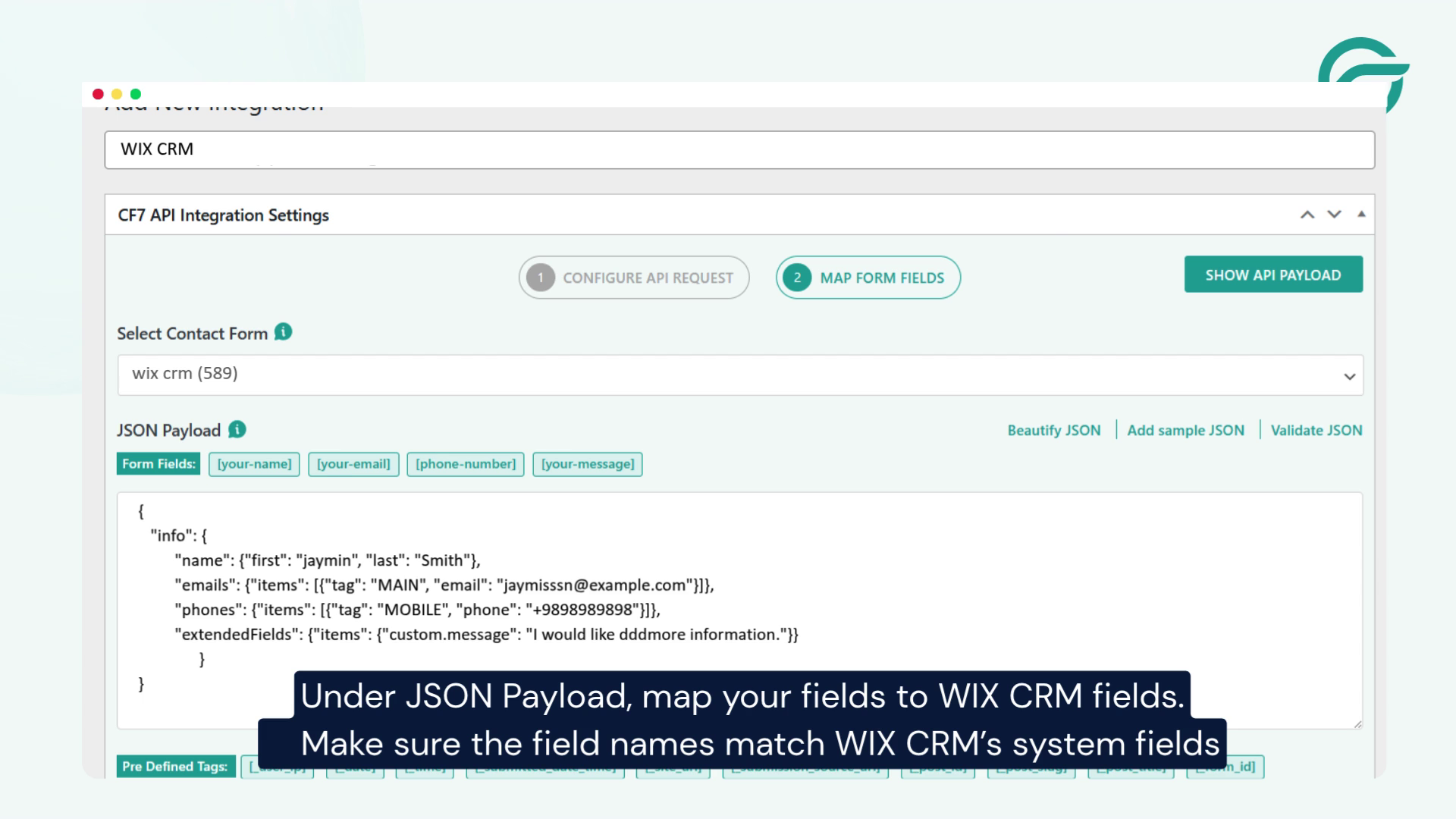 Under JSON Payload, map your fields to Wix CRM fields.