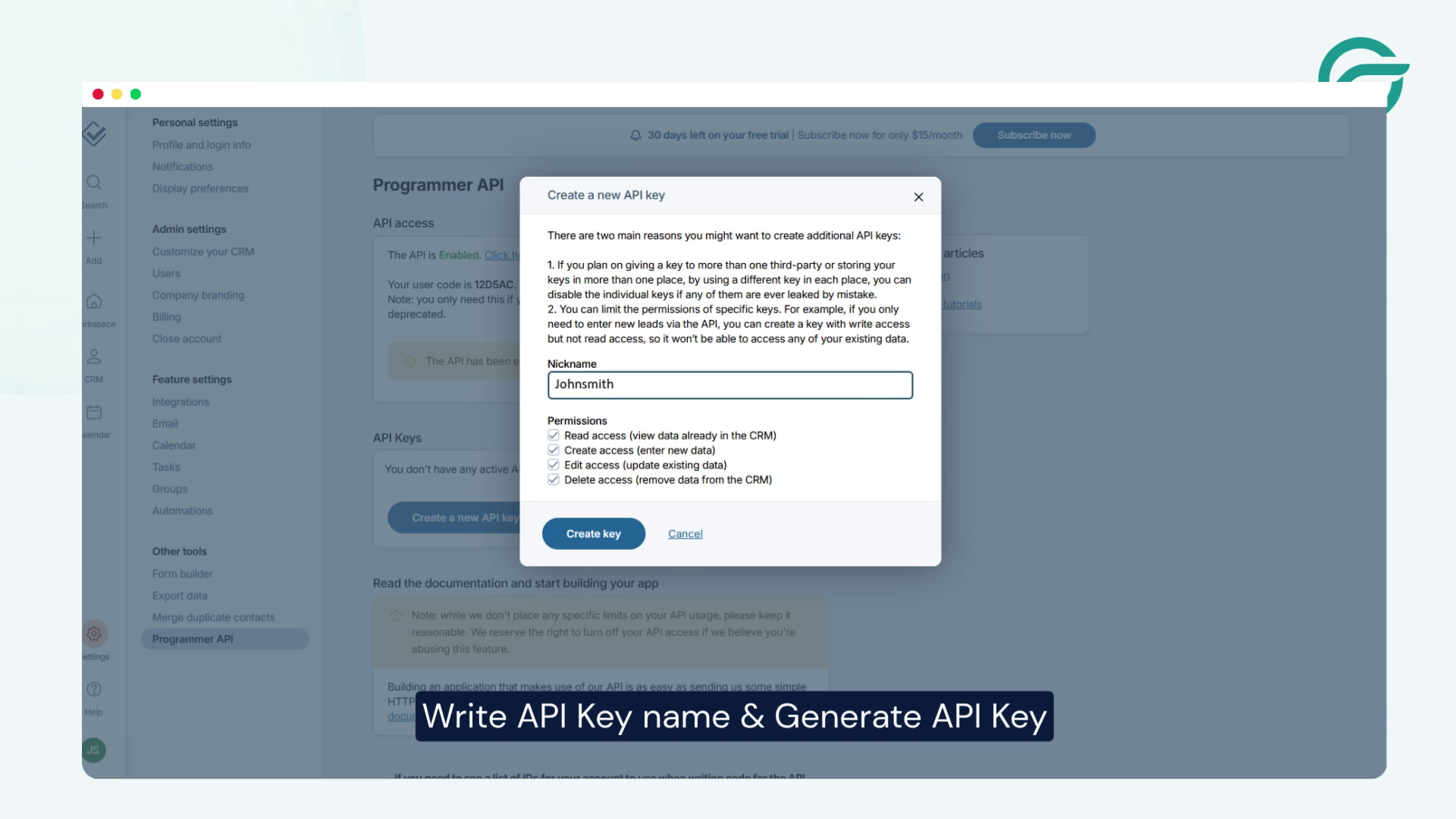 Write API Key name & Generate API Key