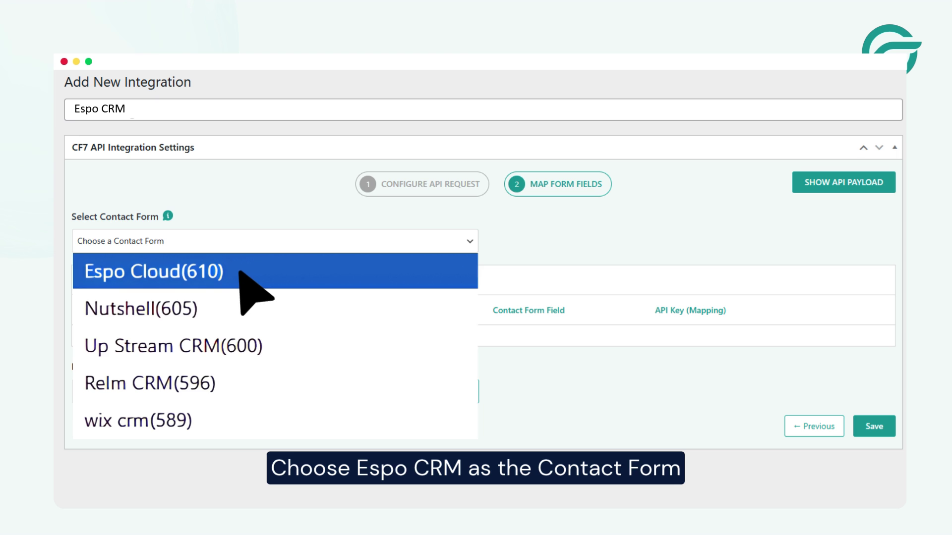Choose Espo CRM as the Contact Form