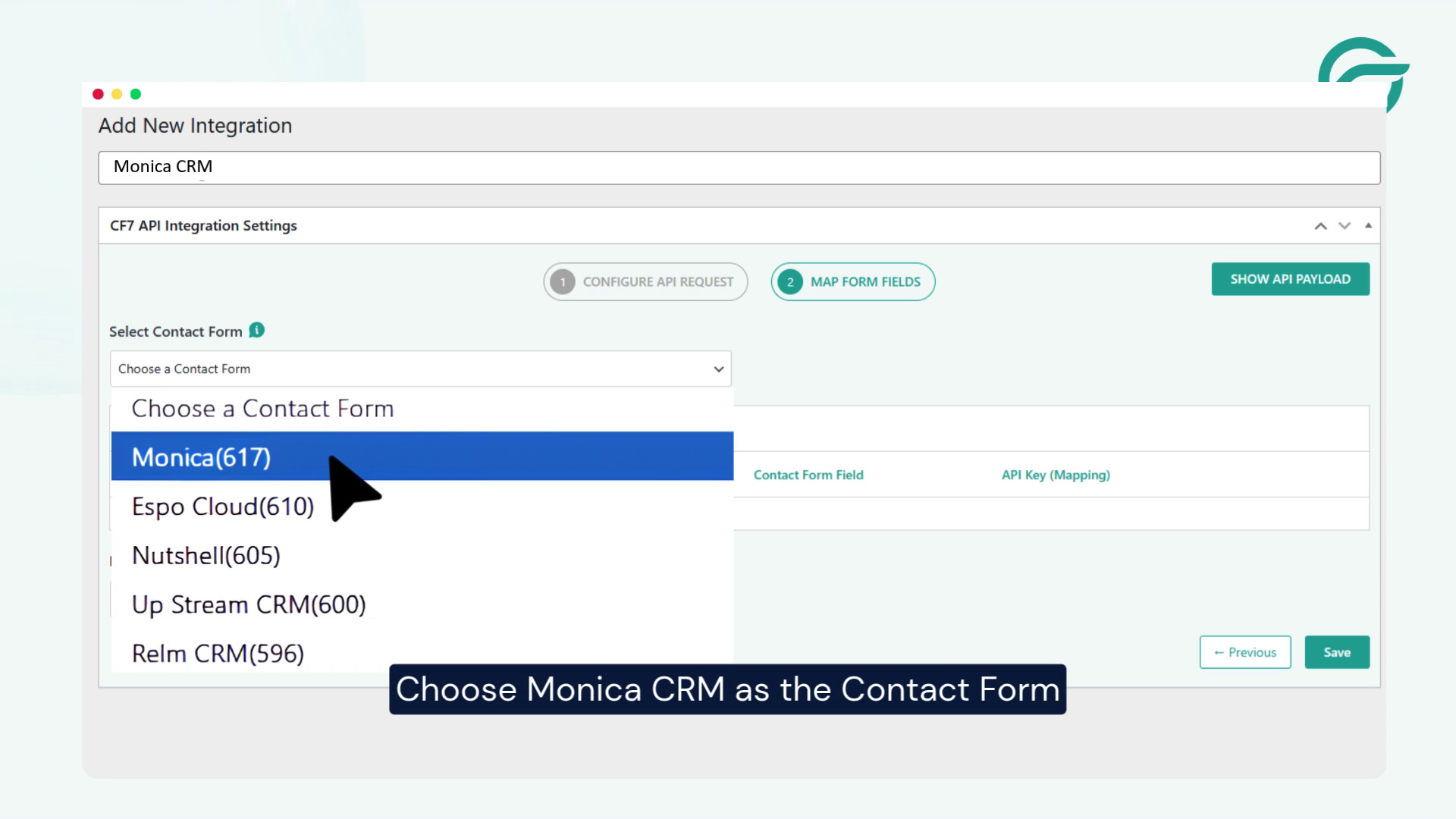 Choose Monica CRM as the Contact Form
