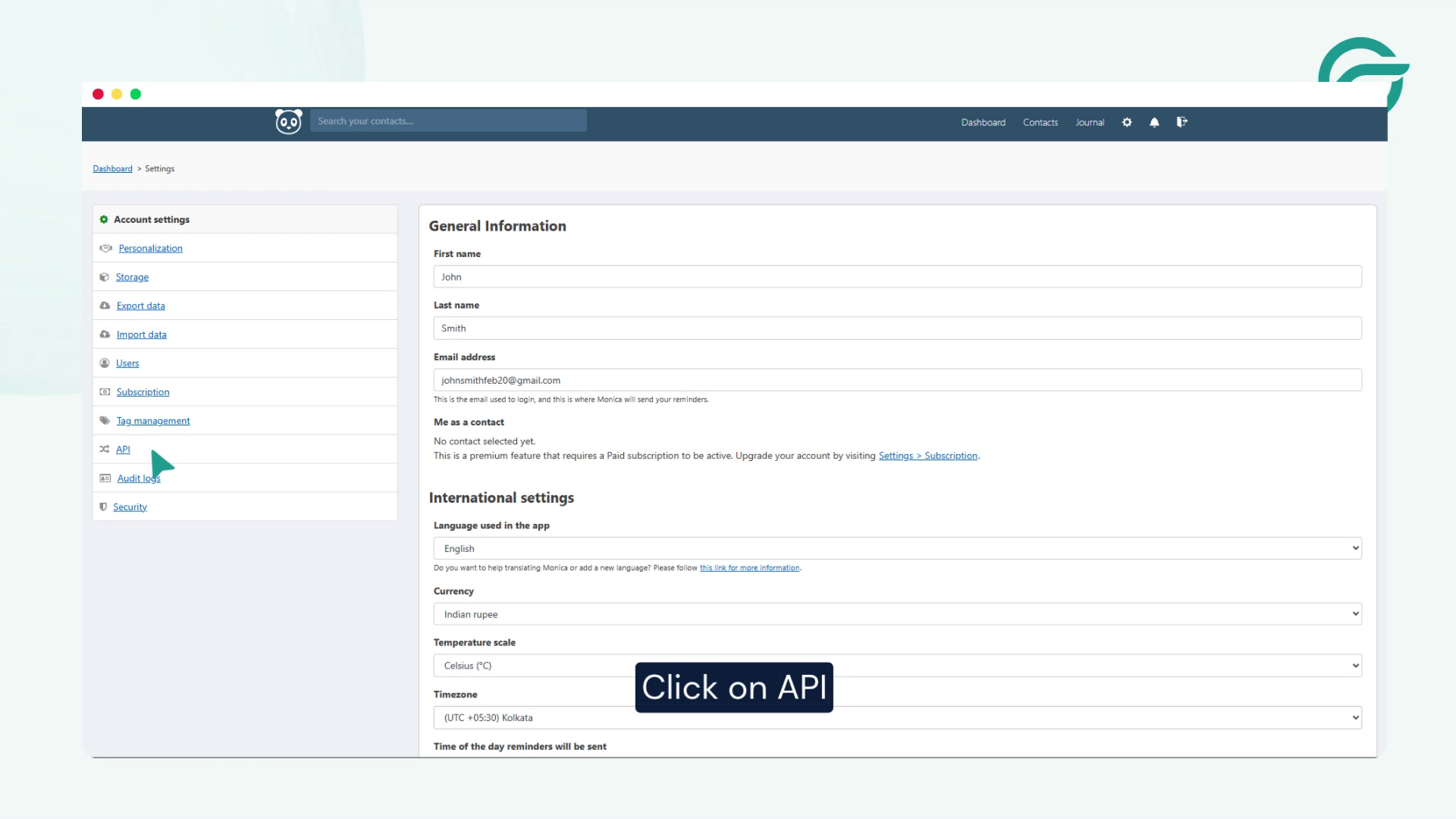 Click on API