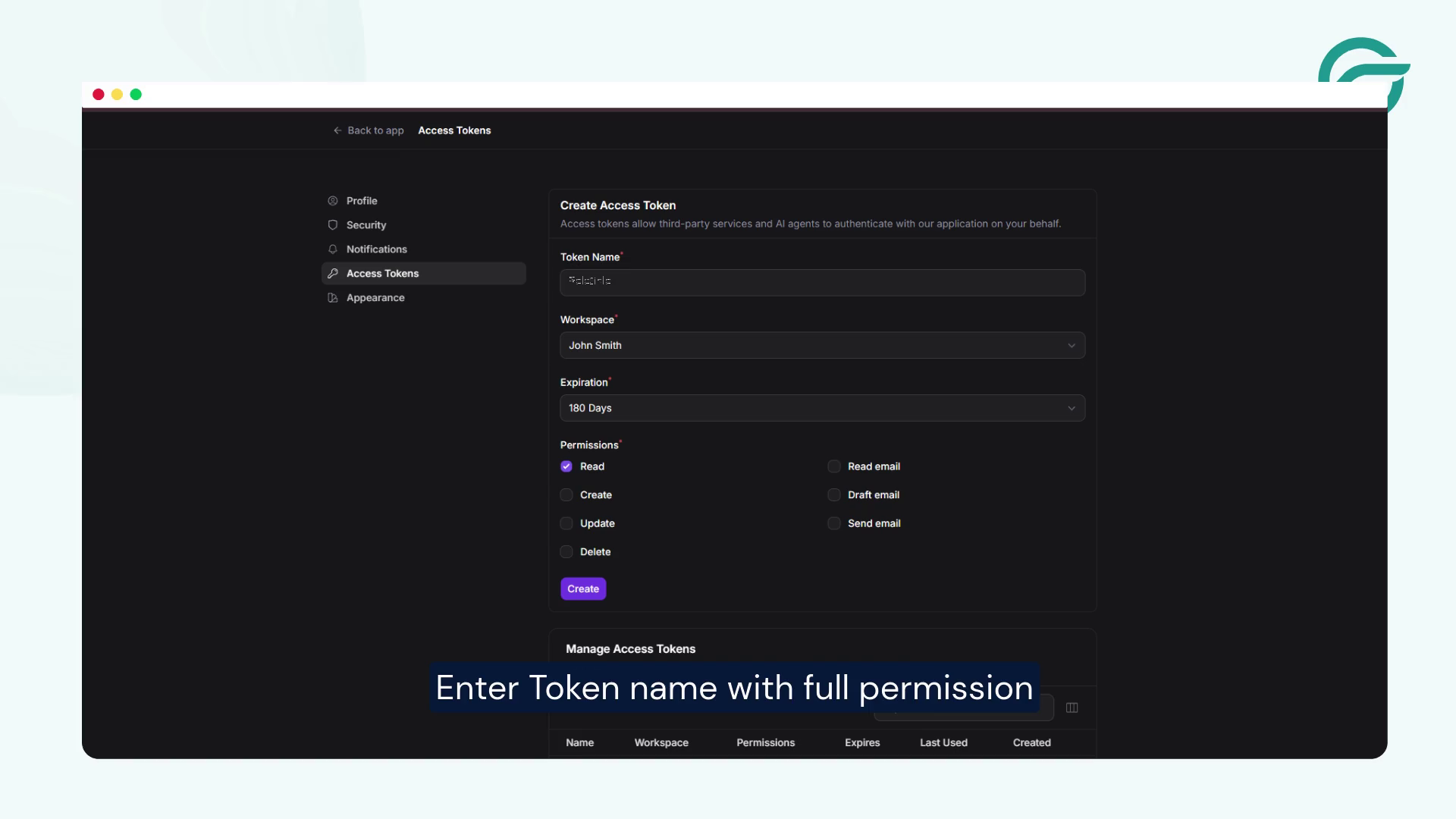 Enter Token name with full permission