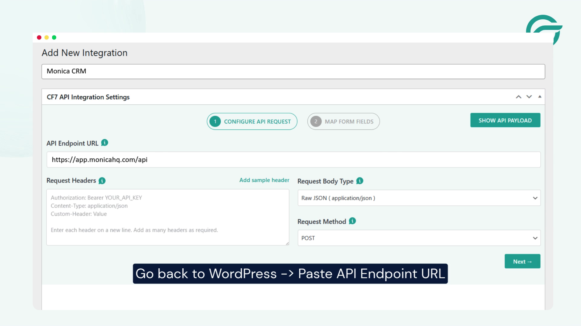 Go back to WordPress, API Endpoint URL