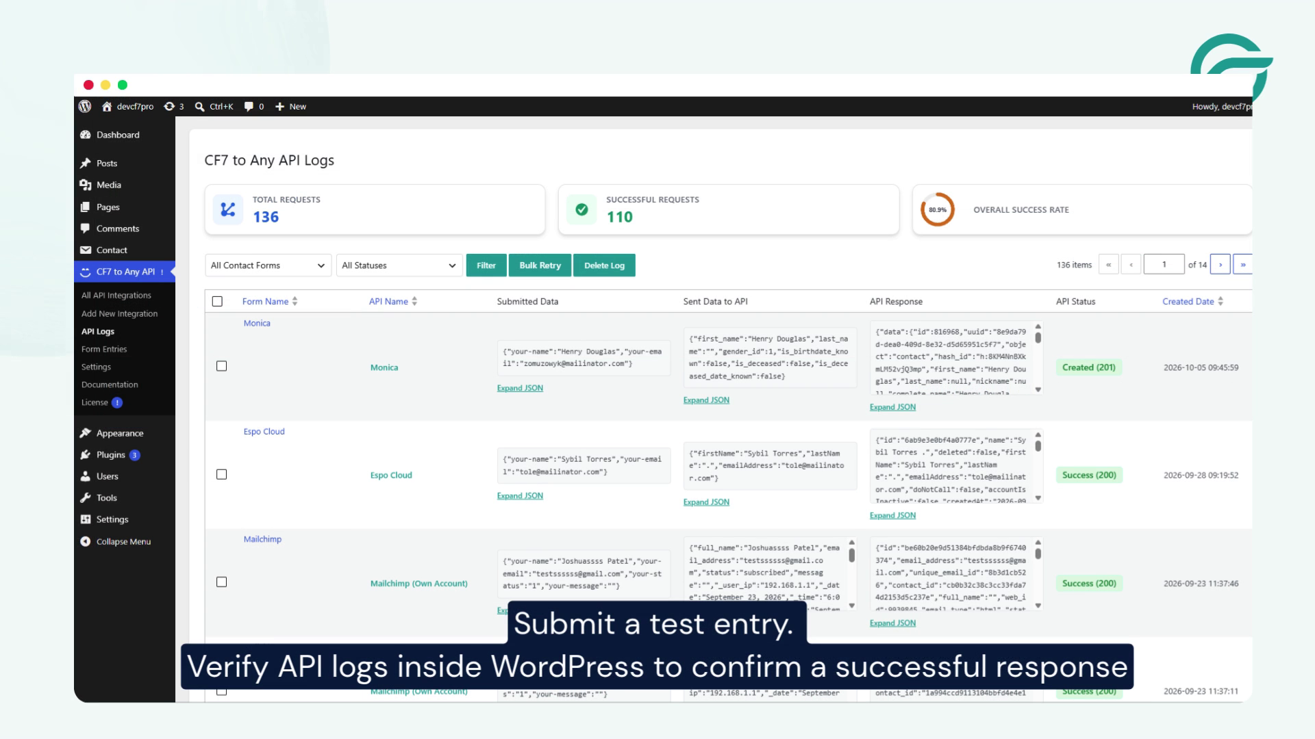 Submit a test entry. Verify API logs inside WordPress to confirm a successful response.