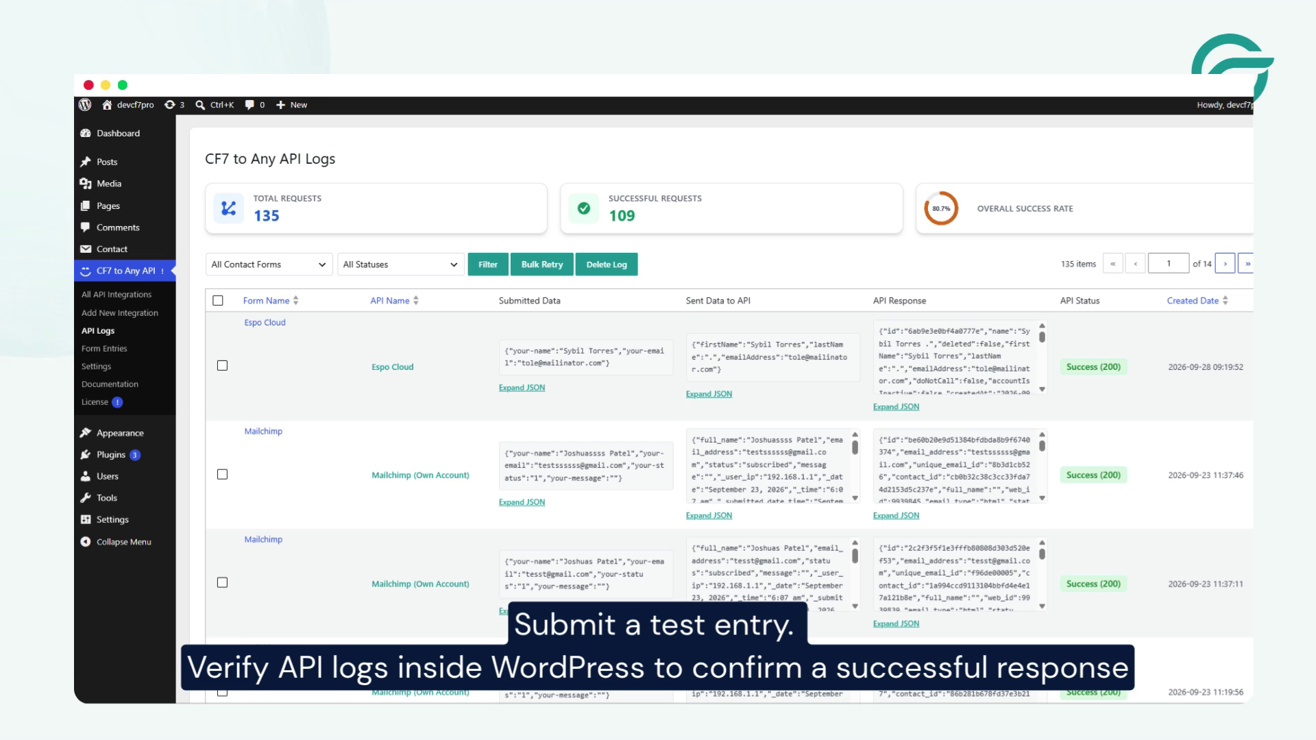 Submit a test entry. Verify API logs inside WordPress to confirm a successful response.